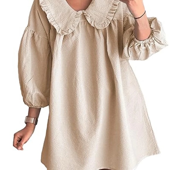 none Dresses & Skirts - Elegant Cream Gingham Ruffle Lapel Collar Dress